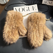 真紫貂毛毛连指手套女冬季 高级感保暖加绒编织弹力挂脖皮草手套