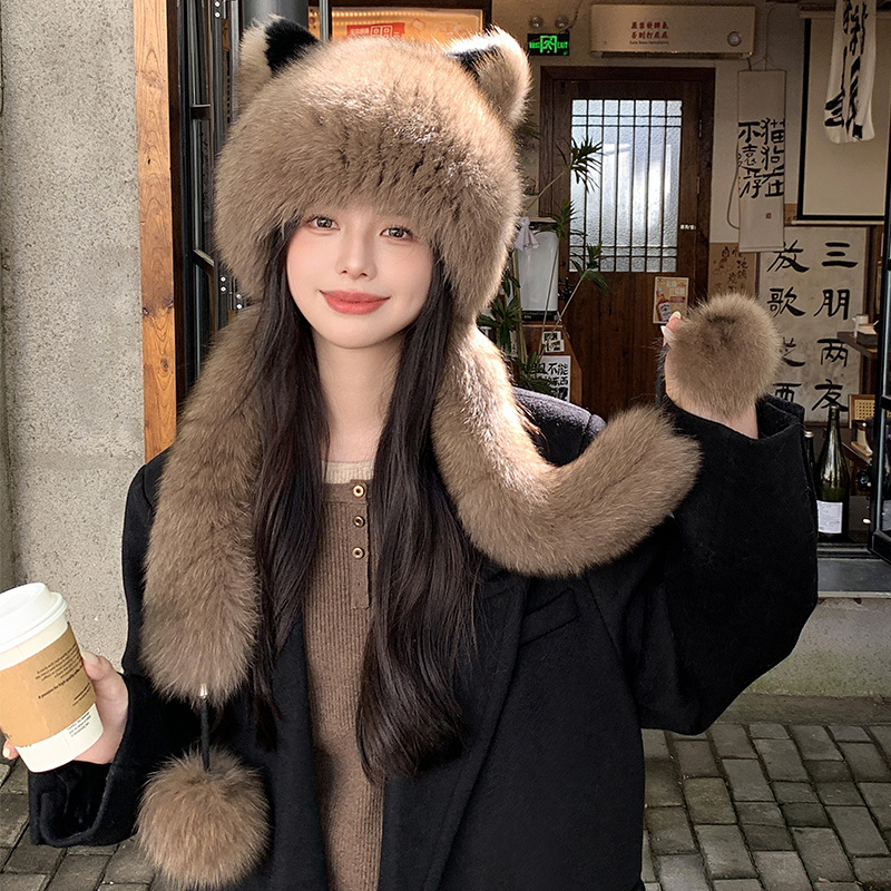 皮草帽狐狸毛围巾帽子一体风雪帽