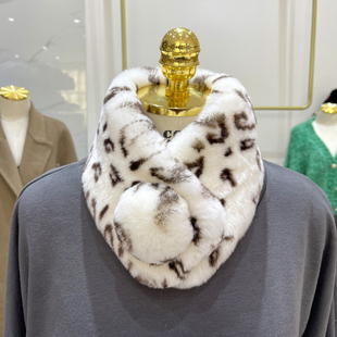 韩版 毛毛球百搭毛领子 真獭兔毛皮草围巾豹纹双面加厚吸扣围脖时尚