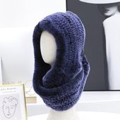 冬季 獭兔毛编织帽子皮草围巾一体帽加厚皮草帽子女户外保暖护耳帽