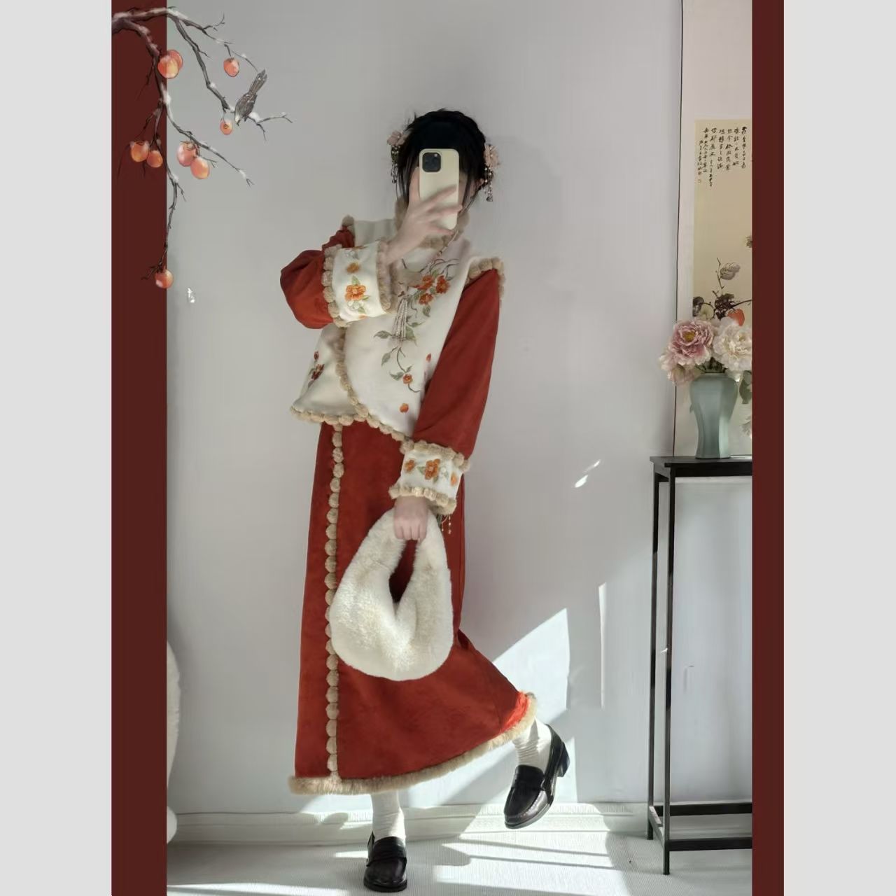 大码汉服女胖mm200斤秋冬加绒加厚重工刺绣旗袍裙新中式日常显瘦