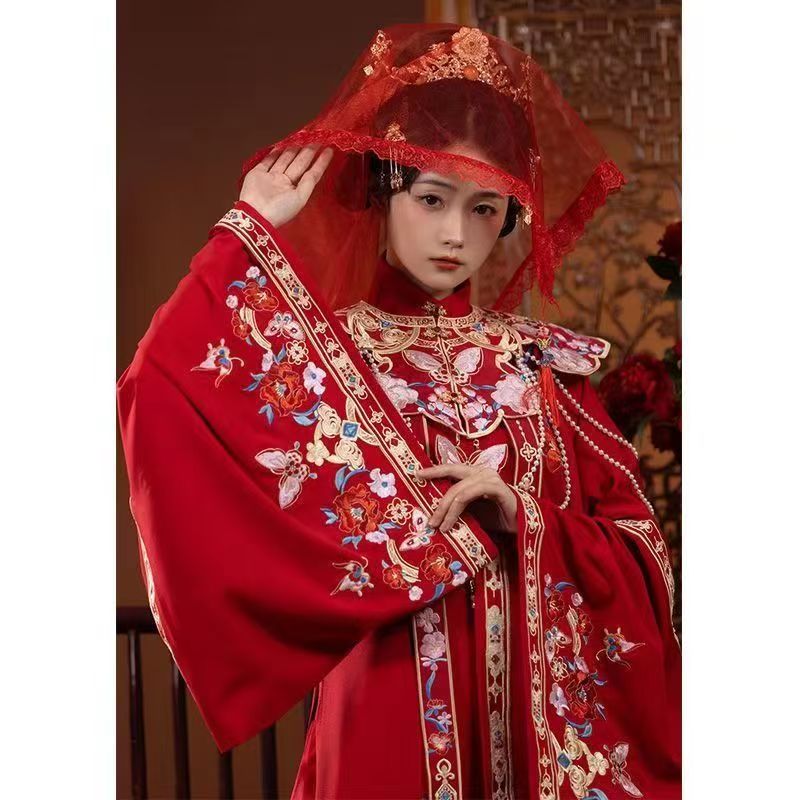 大码汉服女200斤胖mm明制重工刺绣花嫁婚服红色立领衫云肩马面裙