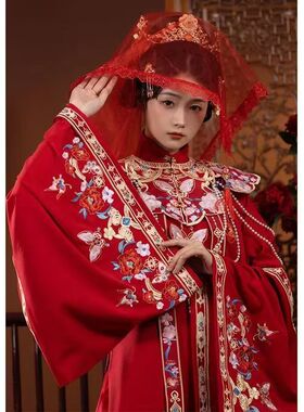 大码汉服女200斤胖mm明制重工刺绣花嫁婚服红色立领衫云肩马面裙