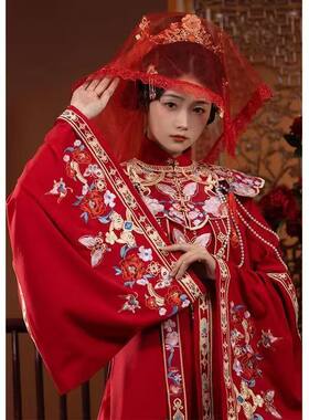 大码汉服女200斤胖mm明制重工刺绣花嫁婚服红色立领衫云肩马面裙