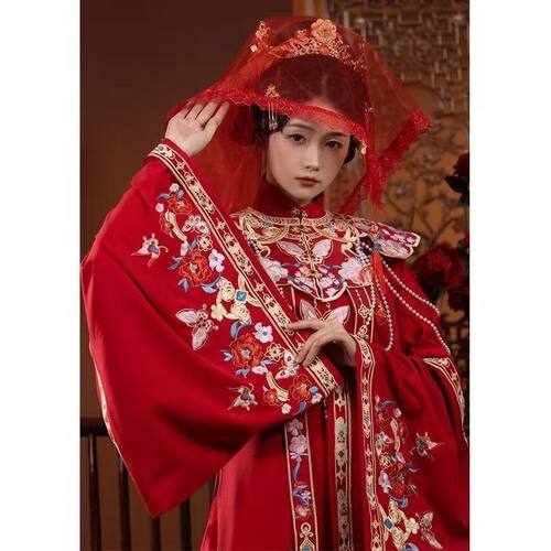 大码汉服女200斤胖mm明制重工刺绣花嫁婚服红色立领衫云肩马面裙