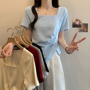 特大码300斤设计感洋气方领不规则短袖女夏季胖mm遮肚子显瘦上衣
