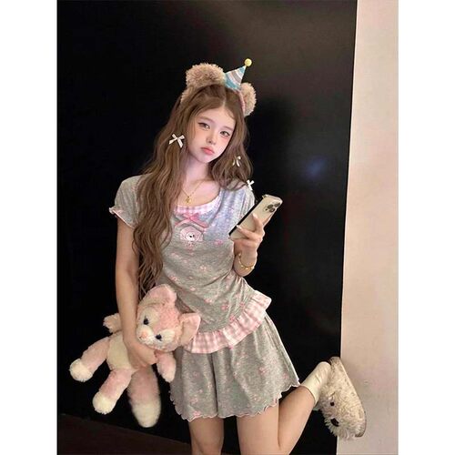 大码格纹花边短袖短裤睡衣套装女