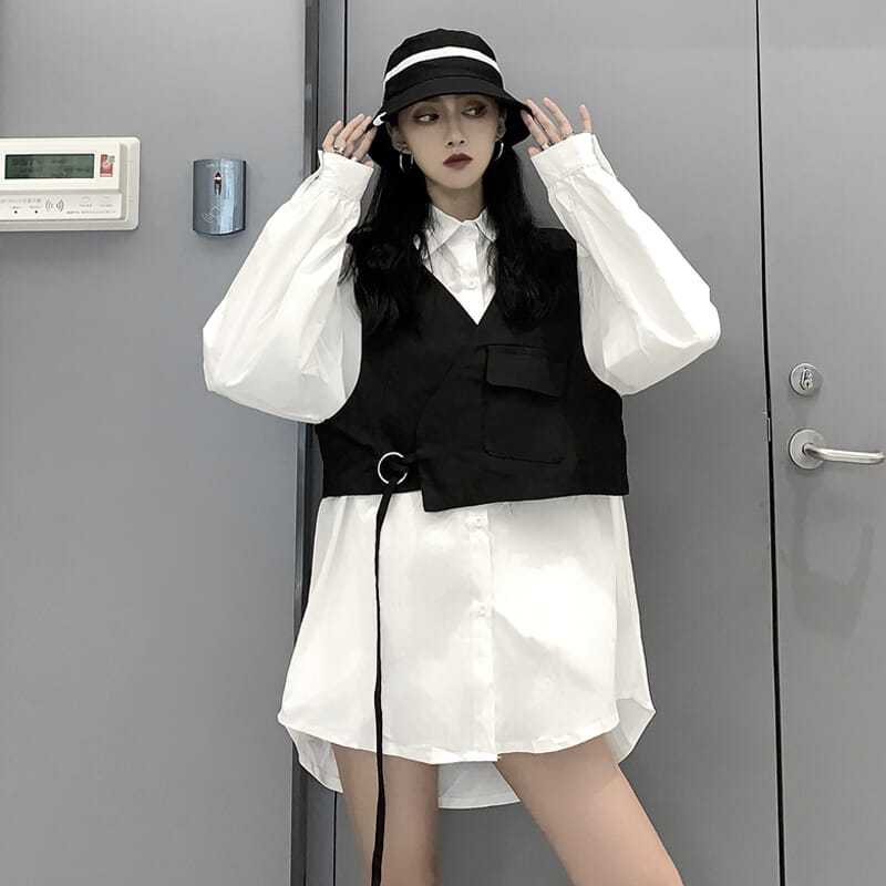 胖mm长袖polo衬衫+马甲两件套潮