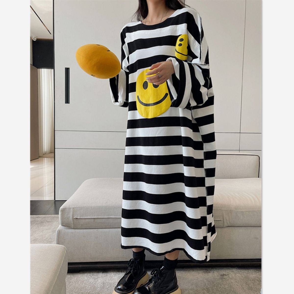 韩国秋季宽松300斤大码胖MM大版中长款条纹长袖T恤裙女慵懒连衣裙,女士内衣/男士内衣/家居服,睡裙,淘宝优惠券,粉丝福利购,淘宝优惠卷