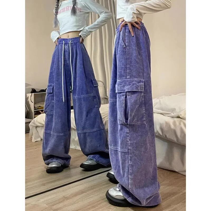 特大码300斤工装风灯芯绒阔腿裤女宽松多口袋抽绳休闲裤紫色长裤,女装/女士精品,休闲裤,淘宝优惠券,粉丝福利购,淘宝优惠卷