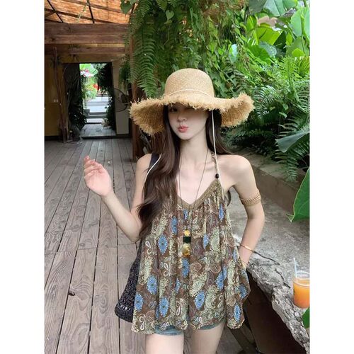 大码度假风挂脖串珠露背吊带背心