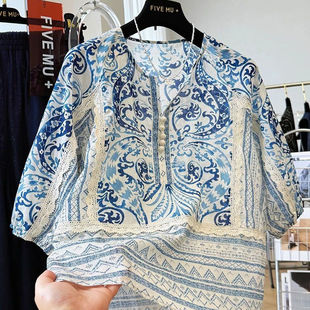 蕾丝花边300斤胖mm上衣 气质小衫 ins高级感印花轻国风新中式 七分袖