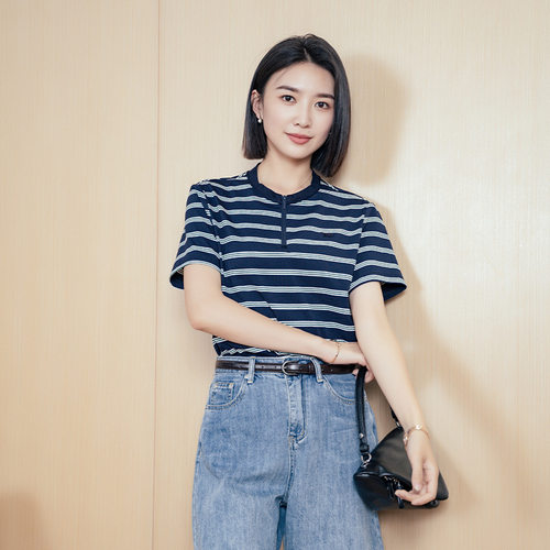 YUN韫粉色条纹衬衫短袖女新款T恤夏季衬衣设计感慵懒风开衫上衣女