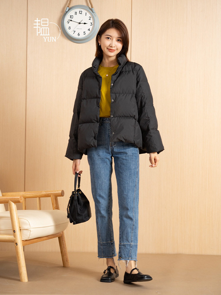 yun韫2023女装白鸭绒轻薄羽绒服短款加绒加厚秋冬高级女黑色外套