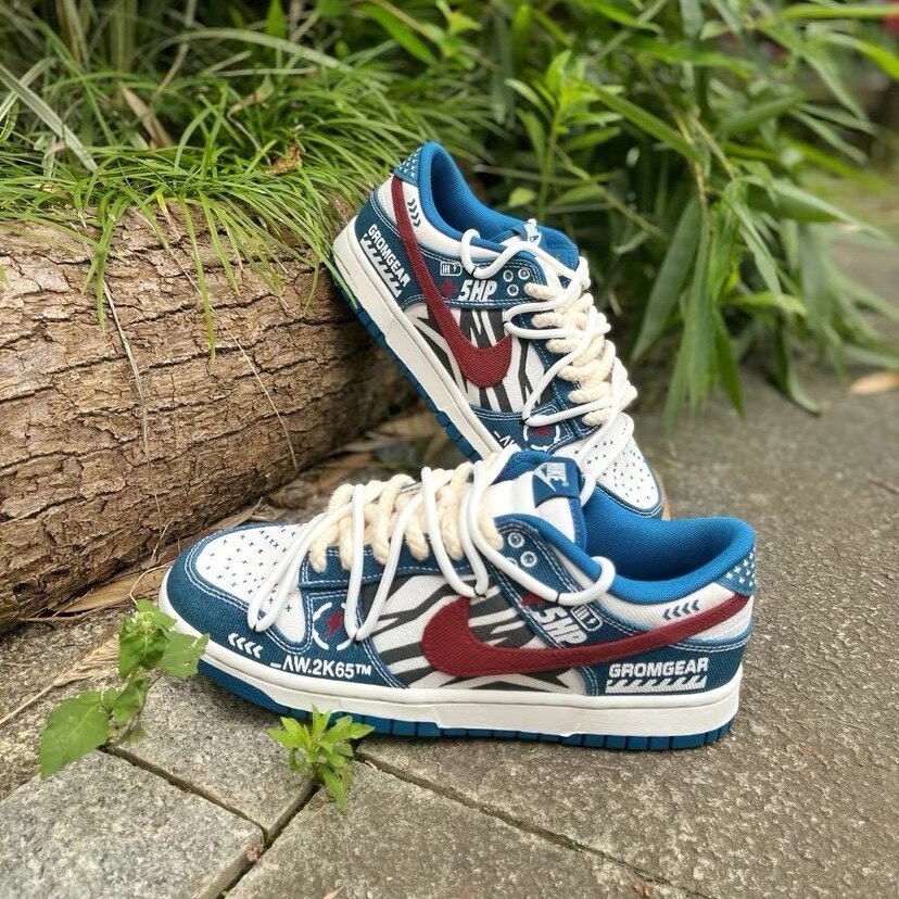 dunk low腰果花单宁牛仔球鞋定制工业蓝vibe复古男女板鞋棉麻鞋带