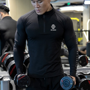 健身衣服男运动T恤长袖秋季加绒保暖宽松速干跑步训练立领卫衣冬