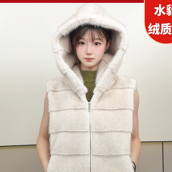 冬季连帽仿水貂皮草马甲女保暖