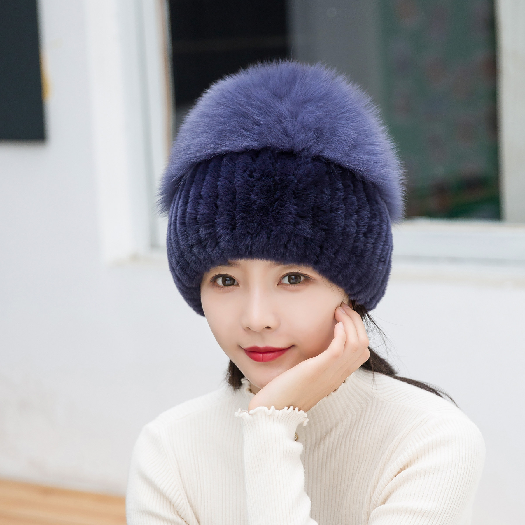 毛线帽子女冬天时尚韩版獭兔毛圆顶冬季保暖狐狸毛球皮草护耳加厚