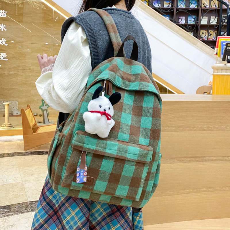 2025年冬季格子帆布背包女中学生初中生双肩包大学生简约可爱书包