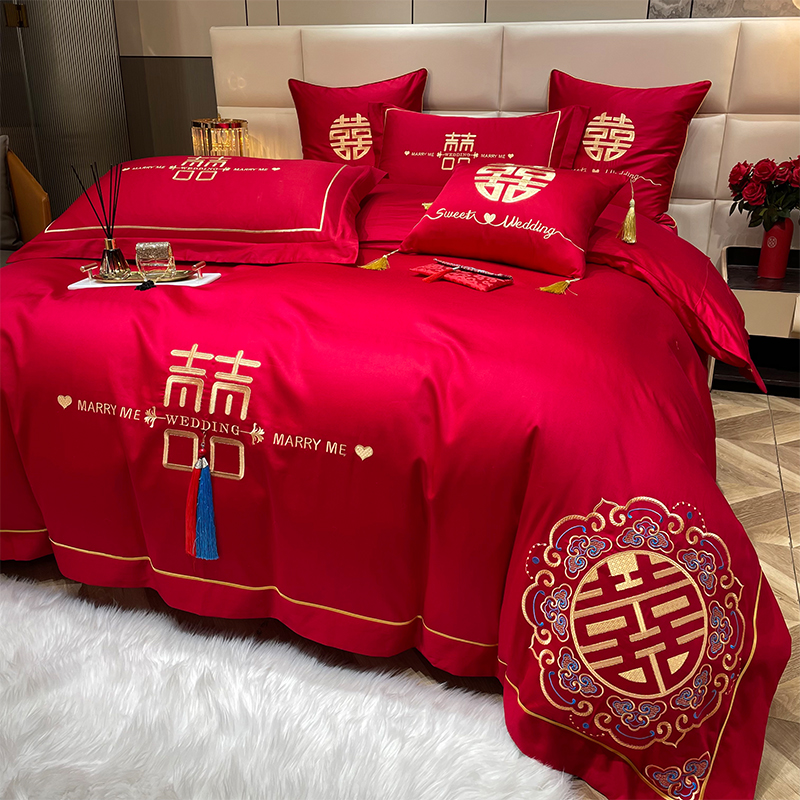 婚庆四件套纯棉红色高档简约床品