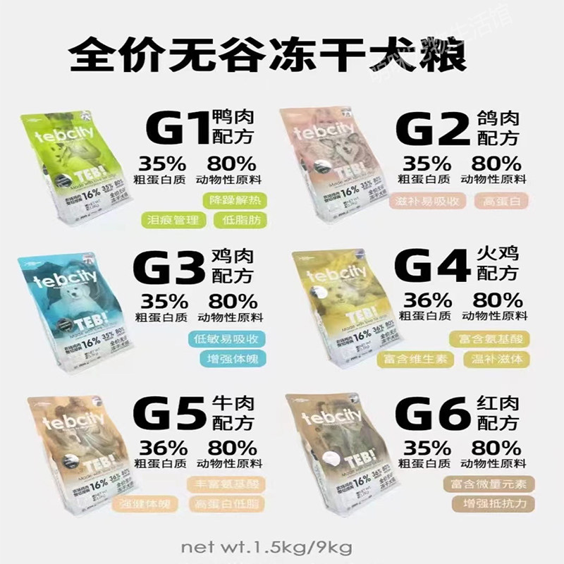 TEB汤恩贝狗粮G城市系列无谷冻干通用型泰迪金毛中幼成犬粮1.5kg