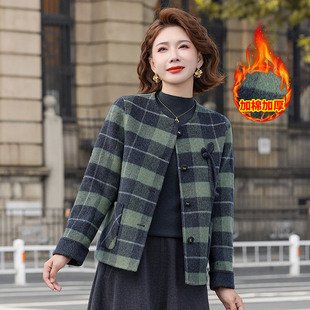妈妈秋冬装端庄大气格子毛呢外套短款中年妈妈气质小香风呢子上衣