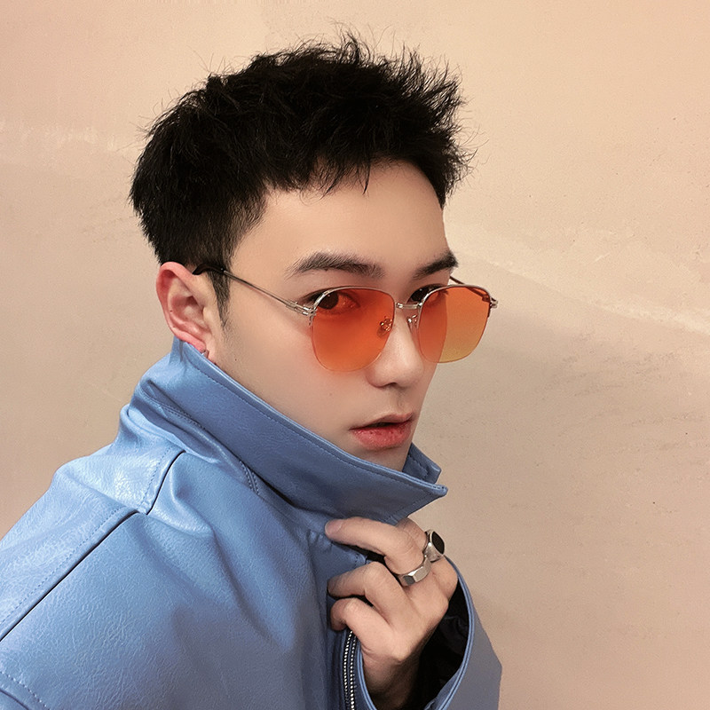夸张橙色渐进拍照千禧未来感y2k墨镜ins嘻哈半框凹造型太阳镜男女