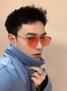 夸张橙色渐进拍照千禧未来感y2k墨镜ins嘻哈半框凹造型太阳镜男女