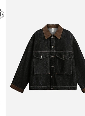 STAFFPICK巴恩风复古黑色牛仔衣夹克翻领宽松休闲工装外套男W217