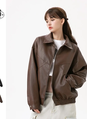 ADAM FREAK美式潮牌复古机车pu皮衣夹克宽松翻领春秋外套男女XW38