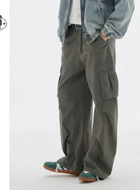 OUSWE国潮美式复古宽松大口袋工装裤阔腿裤男女休闲全棉长裤RK86