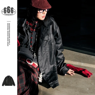 N-52TRW潮流宽松翻领工装机车夹克男女情侣美式复古涂层外套W186