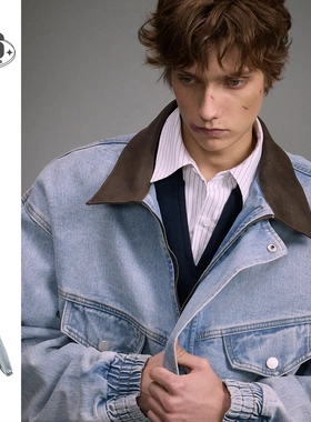 OUSWE美式复古校园风宽松水洗翻领工装牛仔外套男女机车夹克RW151