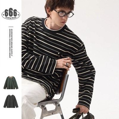 ANSWER ME复古学院风条纹上衣圆领套头卫衣男宽松百搭长袖T恤W458