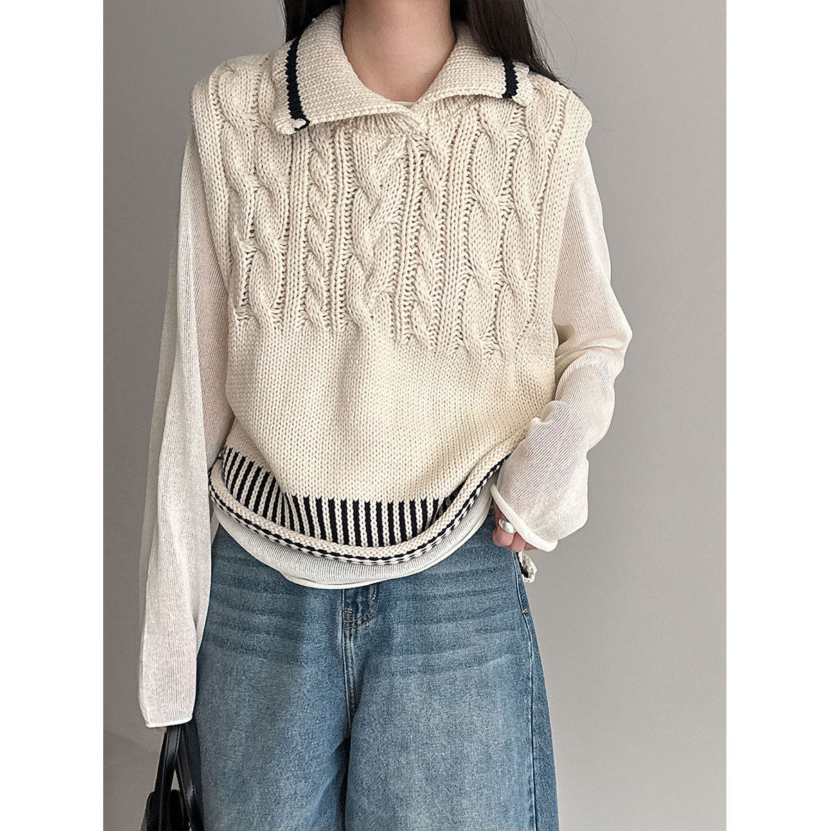 鹿西 学院风撞色翻领羊毛针织马甲女26春季百搭叠穿背心上衣ss990