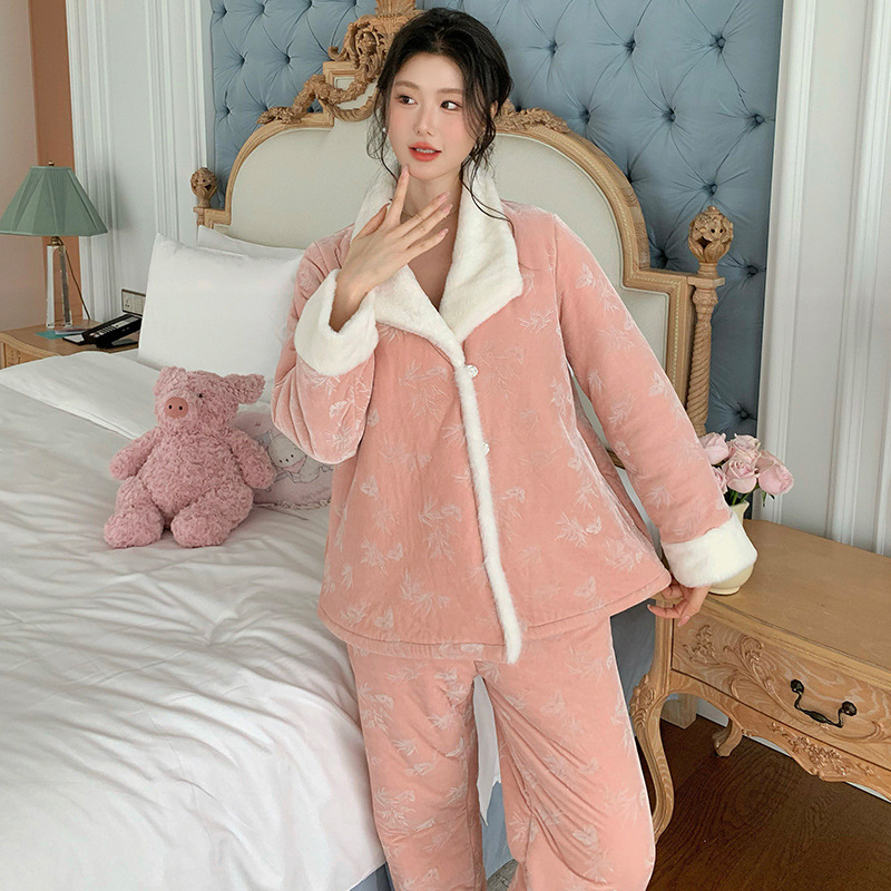 法式睡衣冬季新款长袖长裤厚绒套装宽松保暖家居服可外穿女士