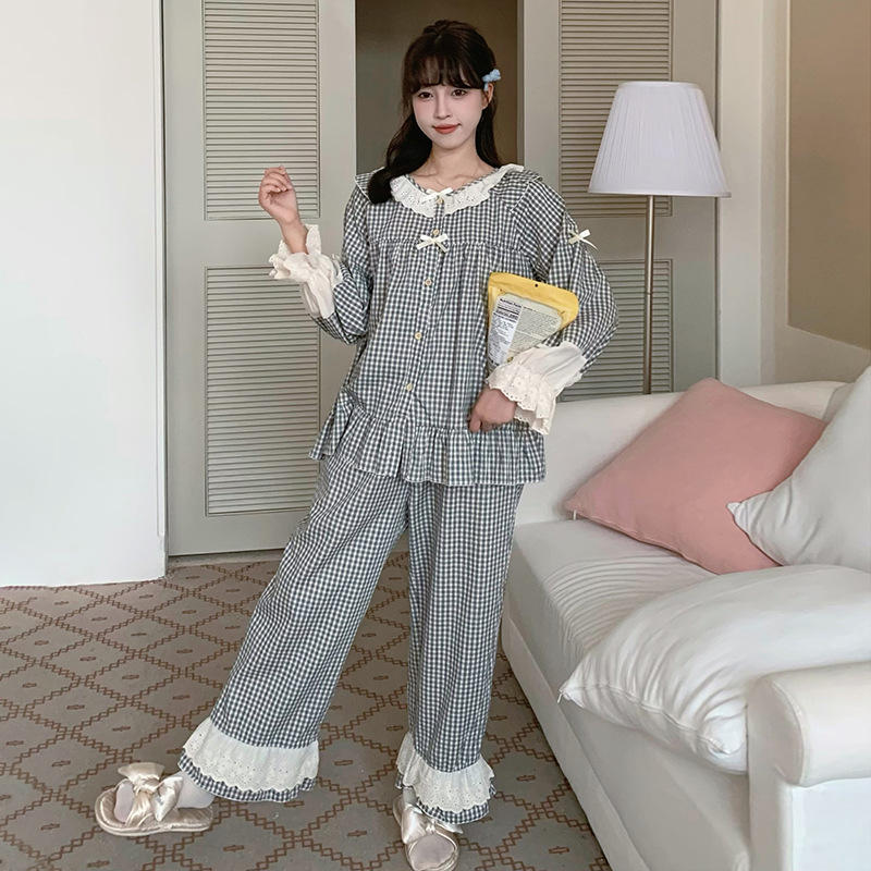 韩国纯棉公主风睡衣女秋季格子复古法式高级感小众家居服套装