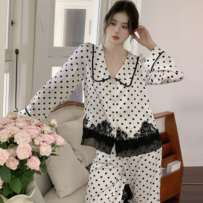 法式睡衣新品女长袖套装高级感色丁舒适波点宽松家居服薄款可外穿