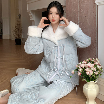 可外穿特厚三层夹棉睡衣法式女冬新款新中式长袖套装国风家居服