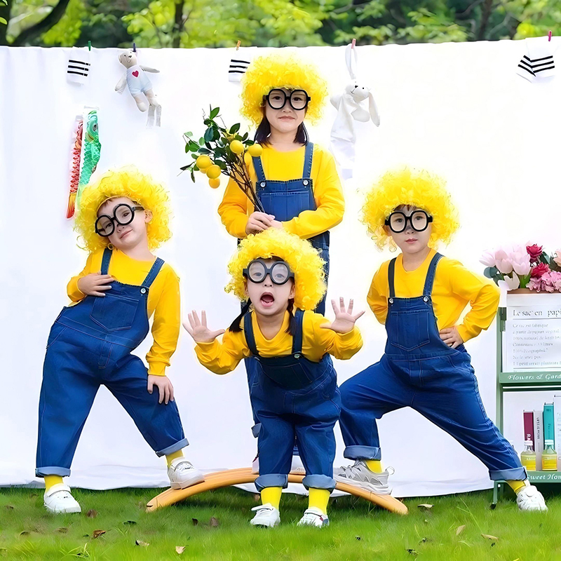 小黄成人亲子表演服小学生运动会入场服加绒卫衣牛仔背带裤舞蹈服