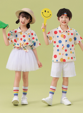 儿童波点衬衫白色蓬蓬裙表演服幼儿园舞蹈服小学生运动会啦啦队服