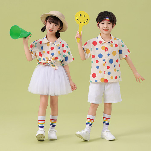 儿童彩色波点衬衫白纱裙舞蹈服