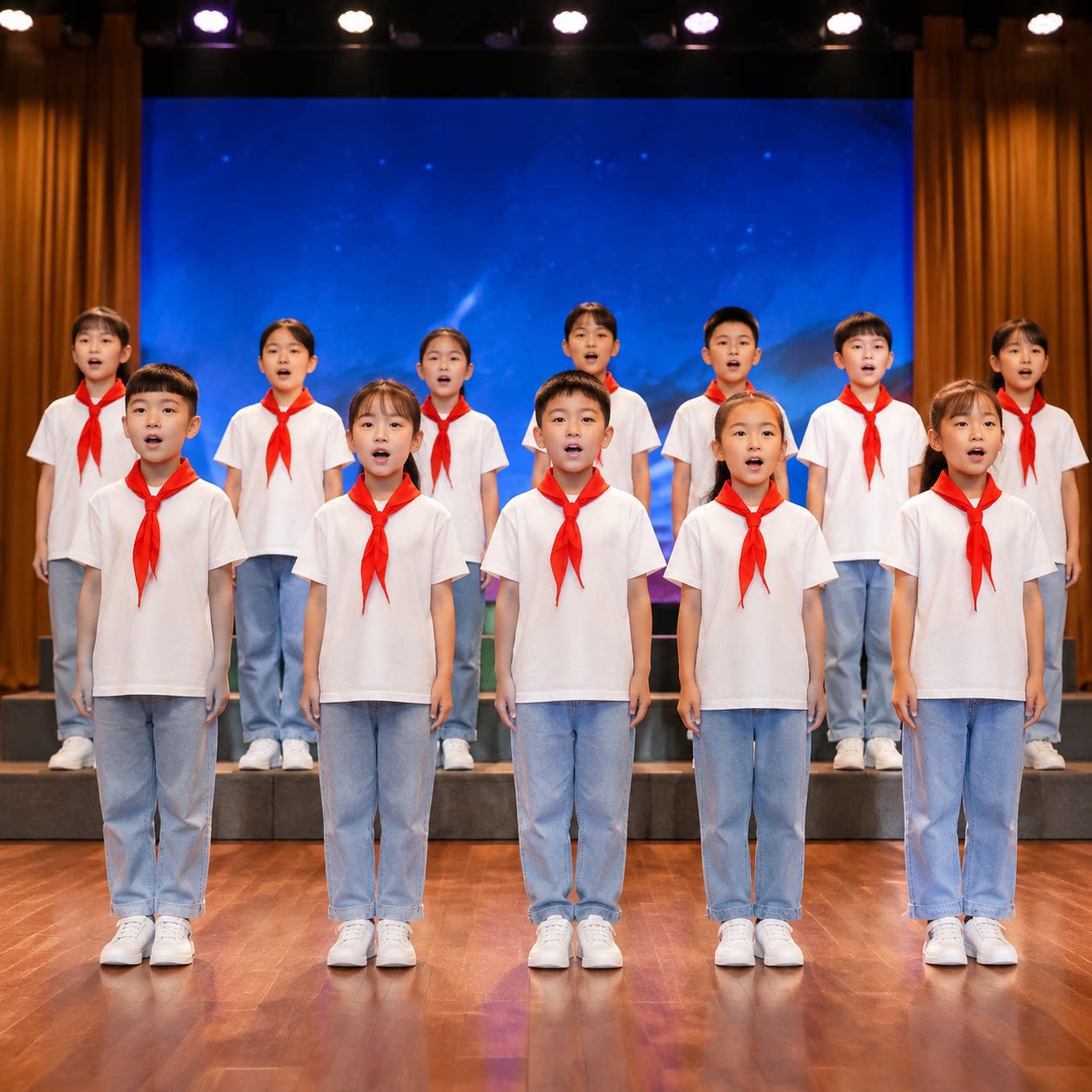 中小学生合唱服白T牛仔裤演出服红领巾少先队员劳动最光荣舞蹈服