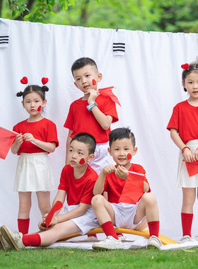 儿童成人红色短袖白色裙子裤子演出服班班有歌声合唱服运动会班服