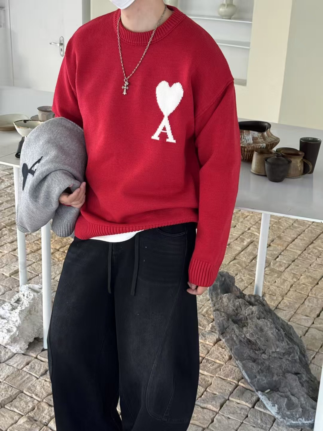 圣诞节本命年毛衣男情侣款爱心撞色圆领针织衫宽松休闲套头毛线衣