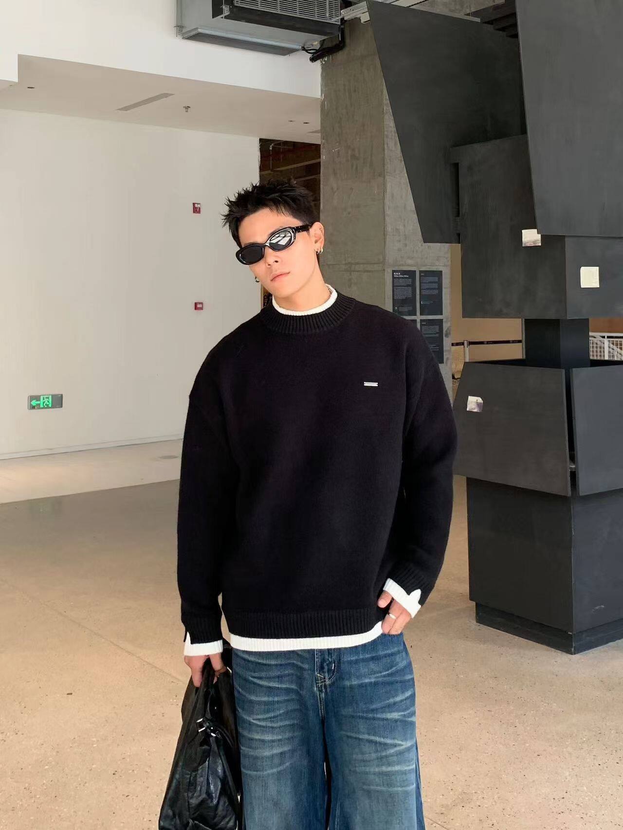 美式复古撞色假两件圆领毛衣男