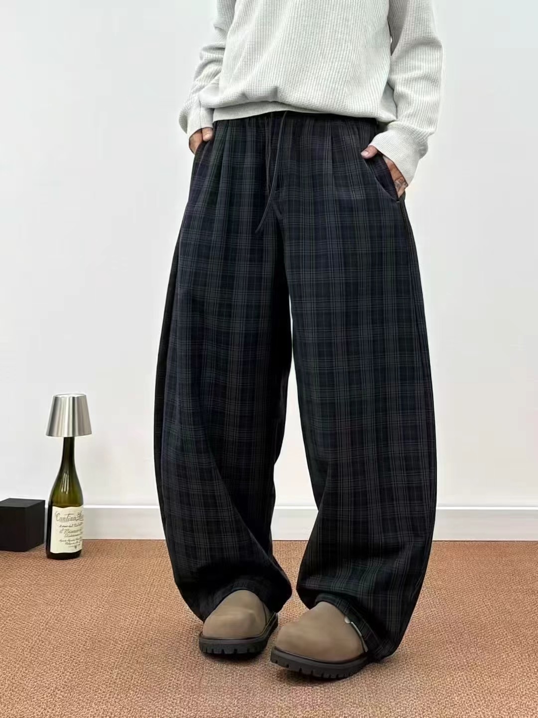 美式复古格子休闲裤男