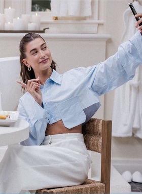 source unknown刀割超短款长袖百搭口袋衬衫hailey bieber同款