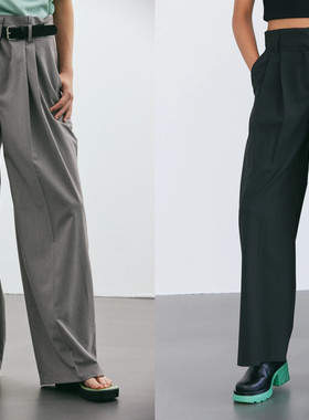 Source unknown 高腰半腰带不对称设计直筒裤西装裤女22秋季