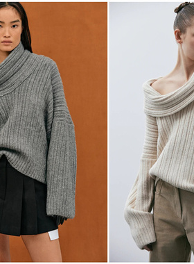 Source unknown 一字领粗帮线高领廓形长袖露肩显瘦毛衣女